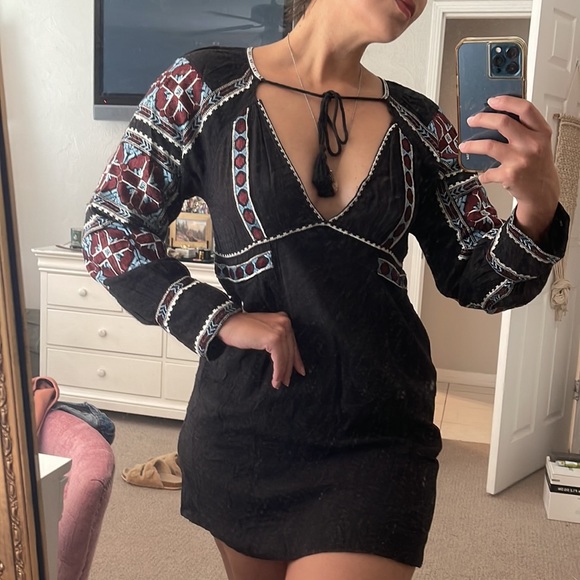 Free People All My Life Embroidered Black Smocked Long Sleeve Mini Dress XS - Picture 1 of 14
